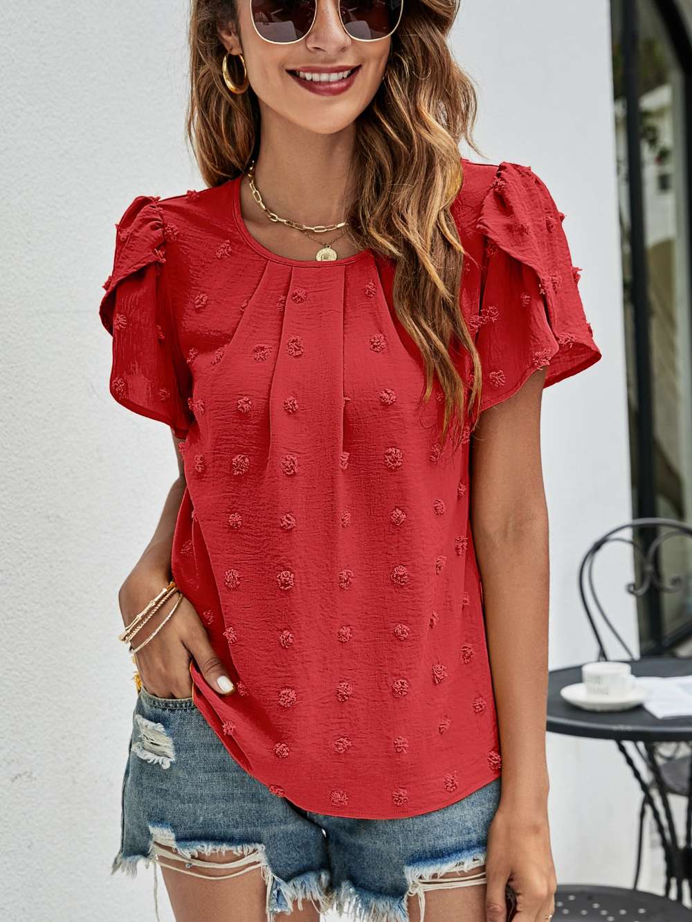 Crew Neck Casual Tulip Sleeve T-shirt Jacquard Top For Women - Minihomy