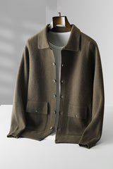 Men's Polo Collar Solid Color Wool Cardigan Autumn Winter Retro Pocket Thick Coat