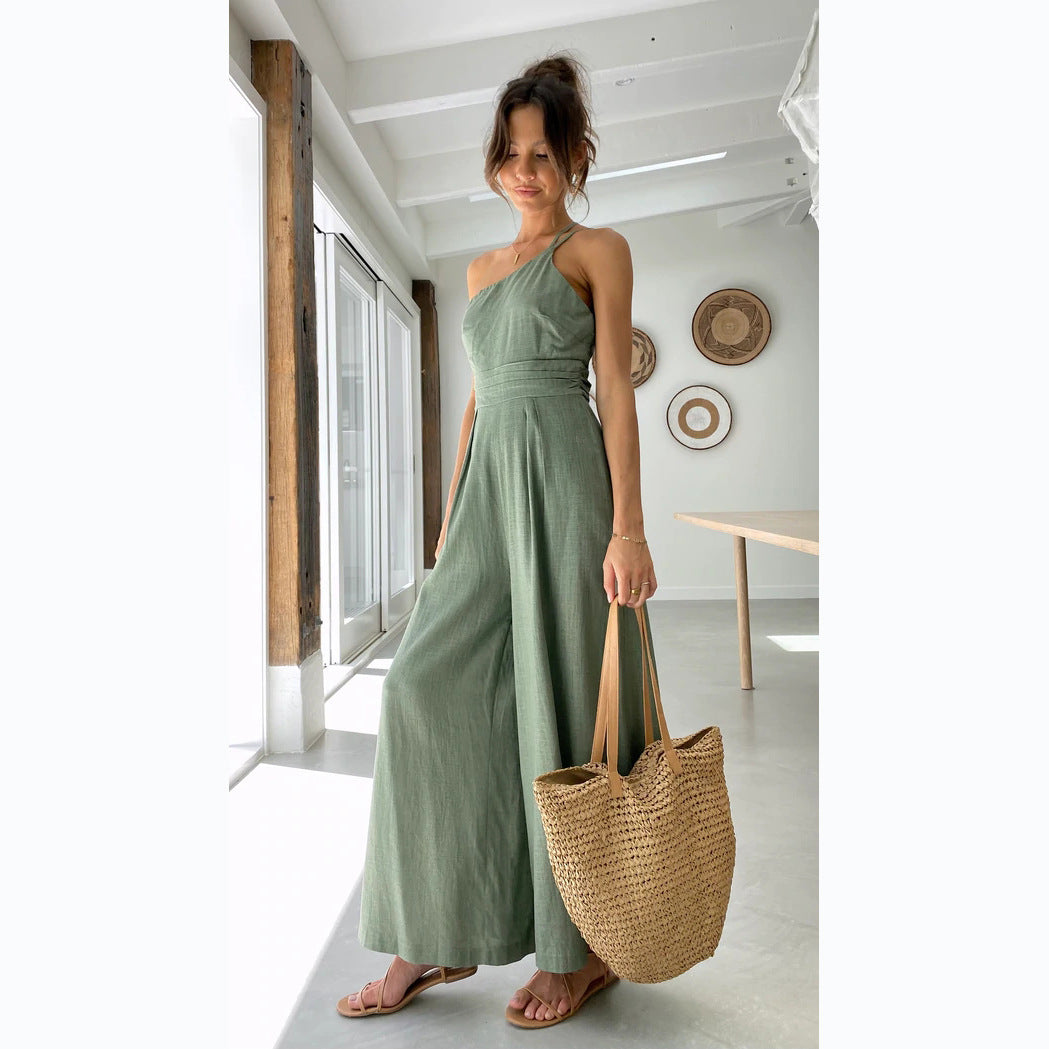 Solid Color Loose Wide-leg Cotton And Linen Jumpsuit