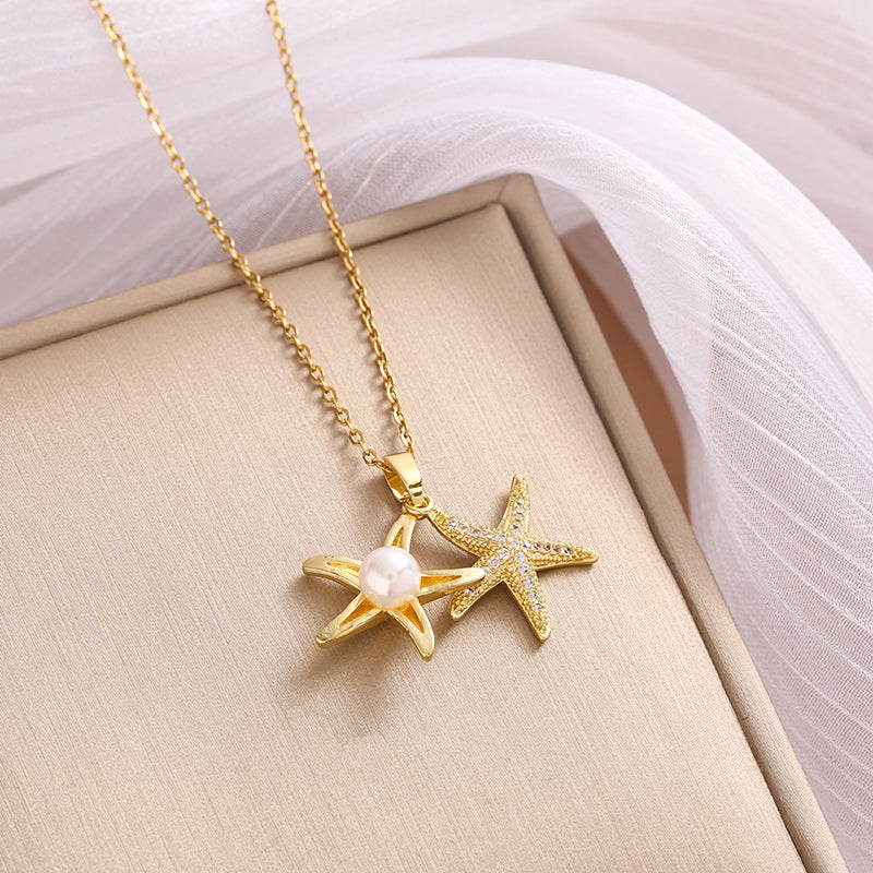 Full Rhinestone Zircon Sea Summer Star Pearl Pendant Titanium Steel Clavicle Chain