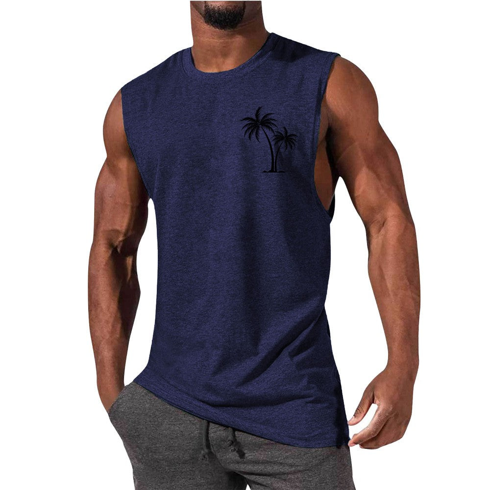 Coconut Tree Embroidery Vest - Summer Beach Tank Tops Workout Muscle Men Sports Fitness T-shirt