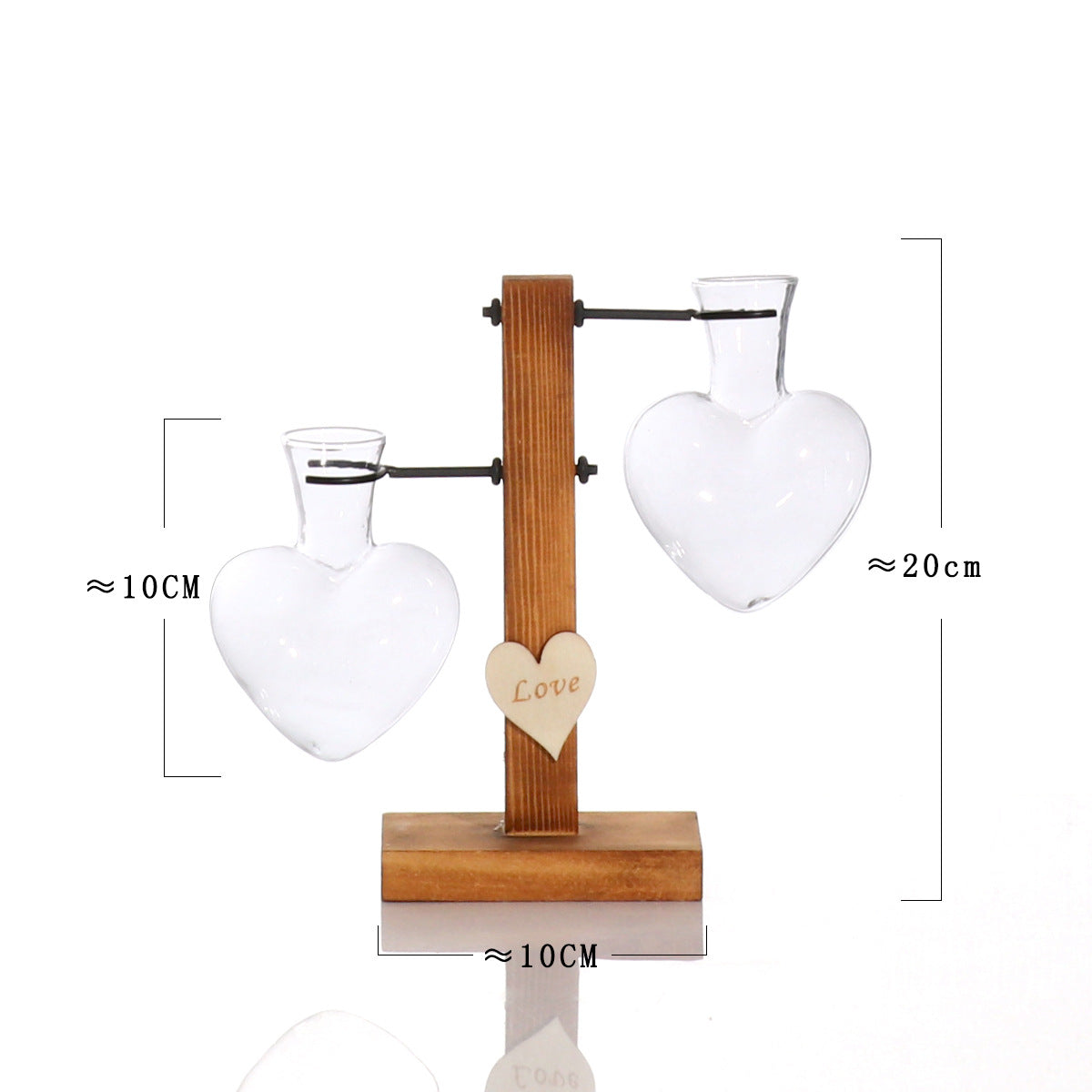 Love Heart Shape Clear Glass Hydroponic Flower Vase with Wooden Stand