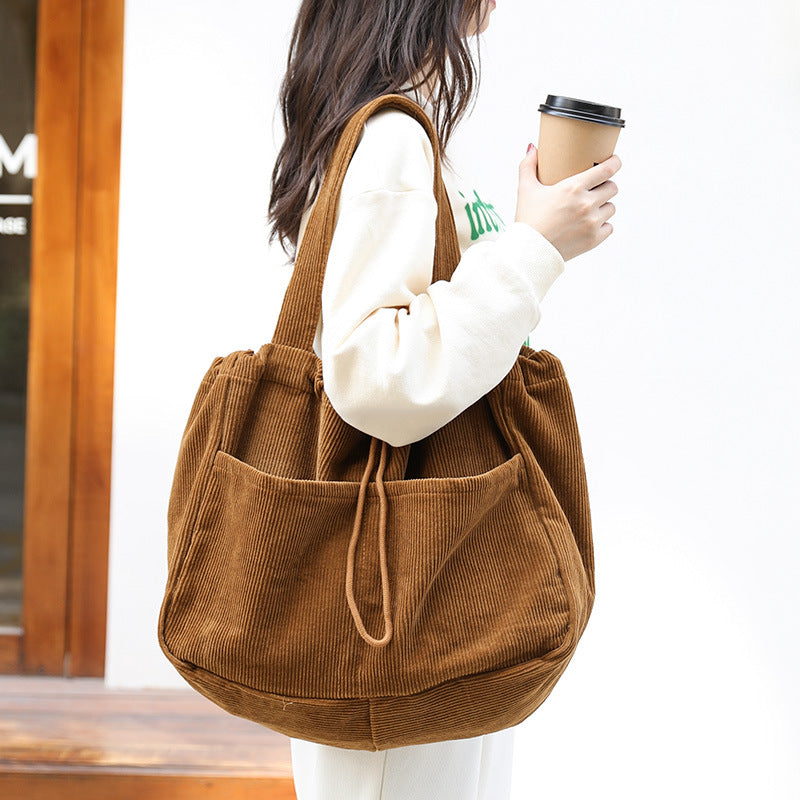 Ins Corduroy Shoulder Bags Drawstring Multi-pocket Handbag Women Underarm Bags