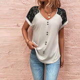 V-neck Top With Button Casual Summer Short Sleeve Pullover Shirt