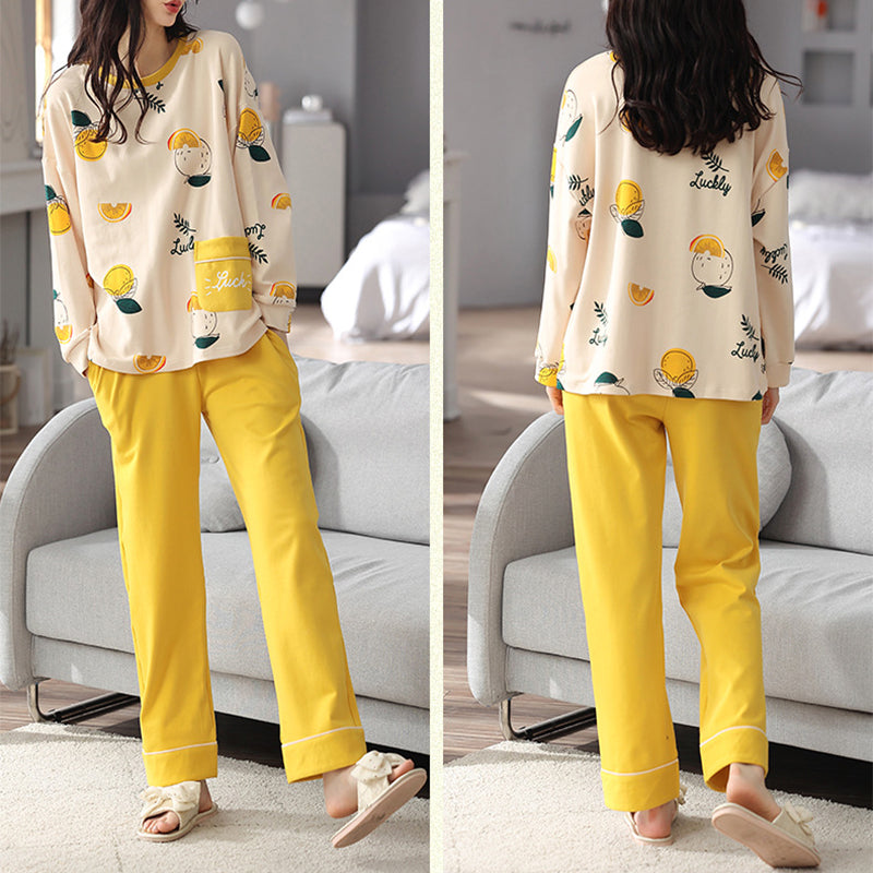 Loose Print Pajamas Women Autumn Winter Pyjama Set Long Sleeves And Trousers Sleepwear - Minihomy