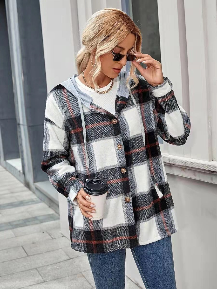 Women Cardigan Plaid Woolen Coat