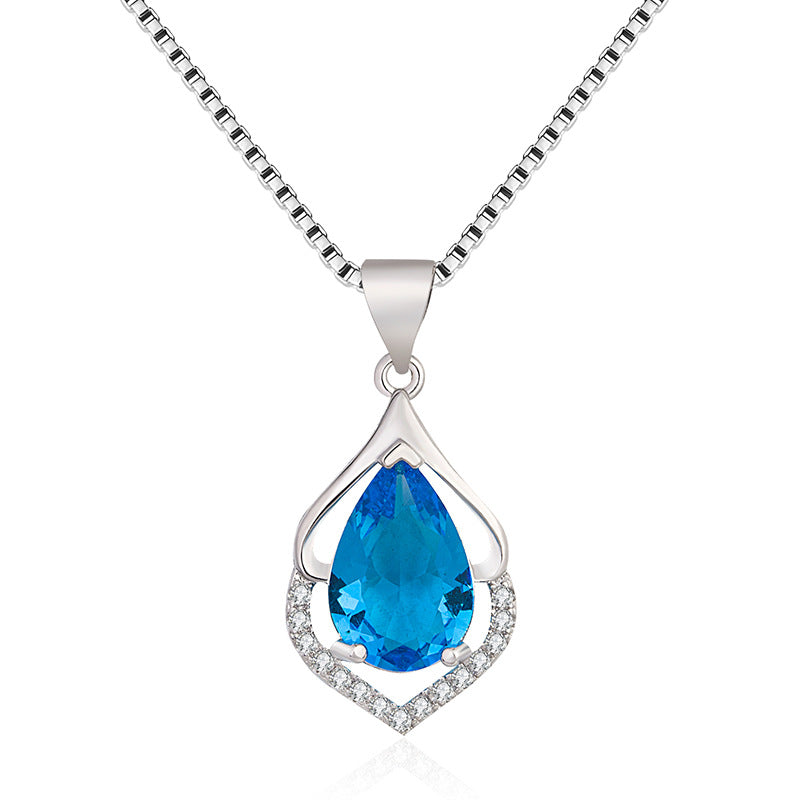 Style Colored Gems Water Drop Pendant Clavicle Chain