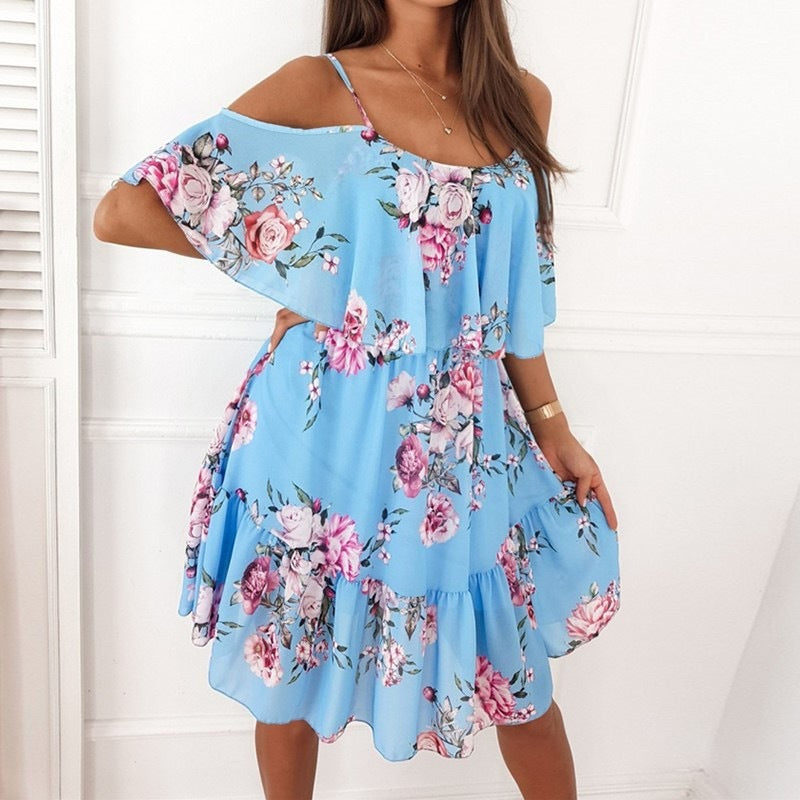 Women's Summer Floral Ruffled Off-the-Shoulder Suspender Dress