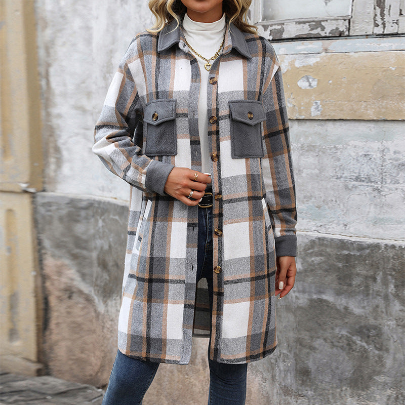 Women's Brushed Plaid Long Winter Coat with Pockets