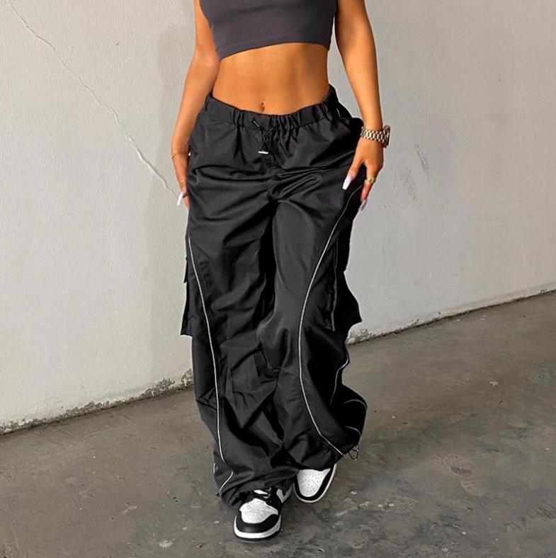 Women Baggy Low Waist Drawstring Cargo Pants Oversize Casual Wide Leg Parachute Trousers