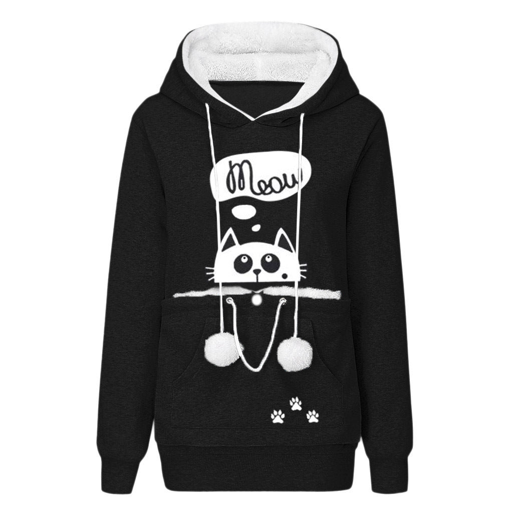 Casual Cat Print Hoodie With Big Pocket for Pets - Women's Long Sleeve Sweater