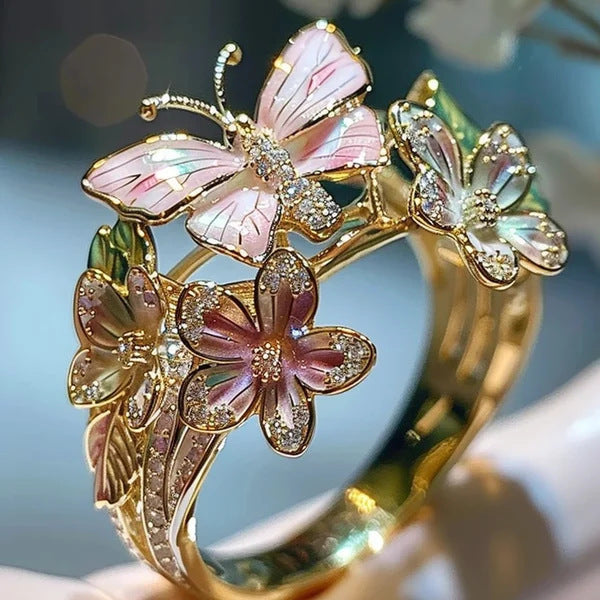 Gold Plated Butterfly Flower Crystal Ring for Women - Elegant Aesthetic Jewelry