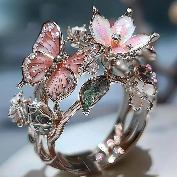 Gold Plated Butterfly Flower Crystal Ring for Women - Elegant Aesthetic Jewelry