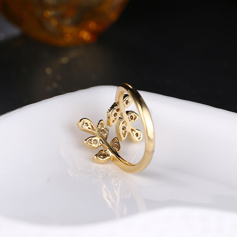 Leaf-shaped Open Diamond Ring 18K Real Gold Plating - Minihomy