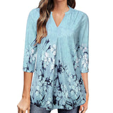 Flowers Print Tops V Neck Long Sleeve Flowers Print Shirt Women Blouse