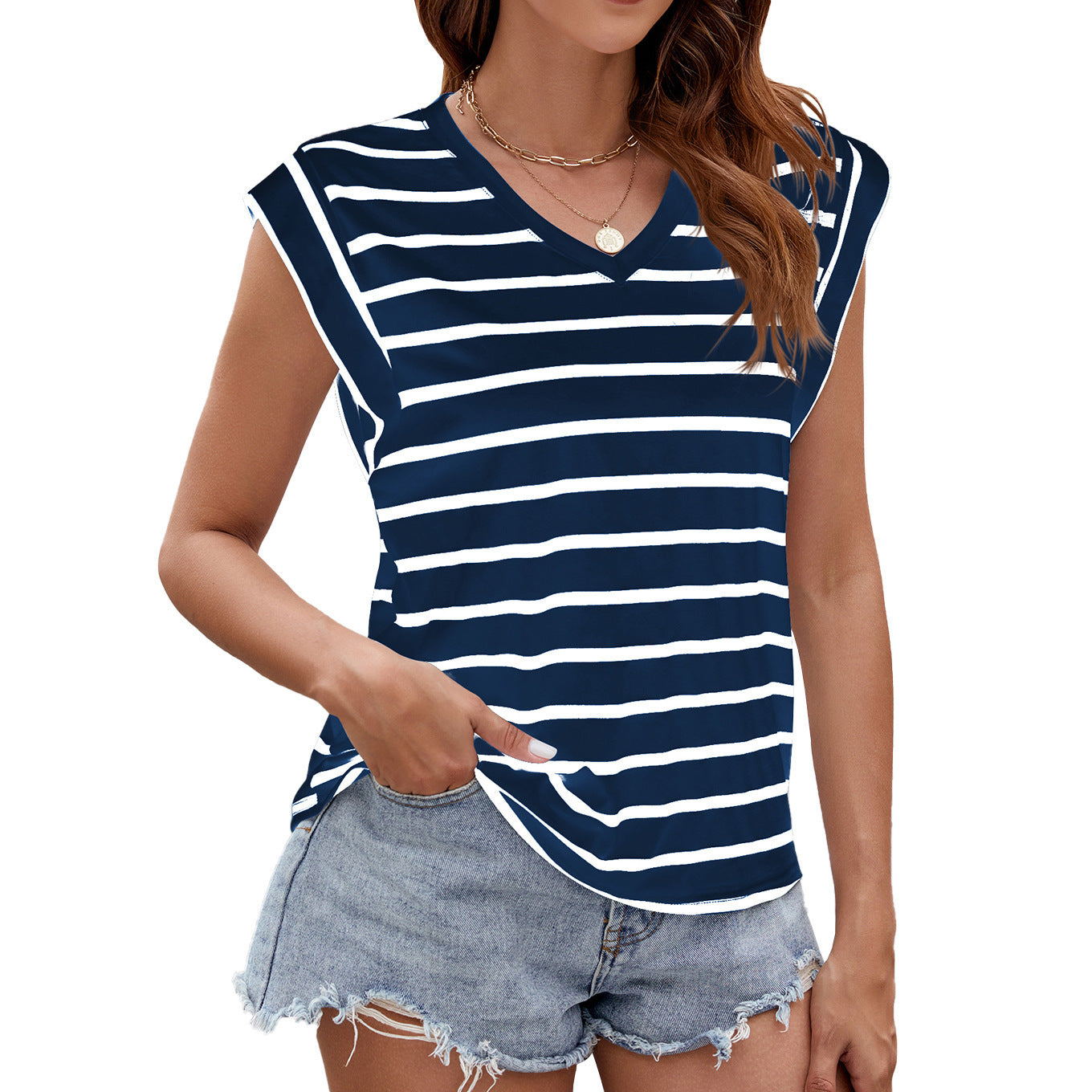 Fashion Stripe Print V-neck Short-sleeved T-Shirt Summer Loose Tank Top Womens Clothing