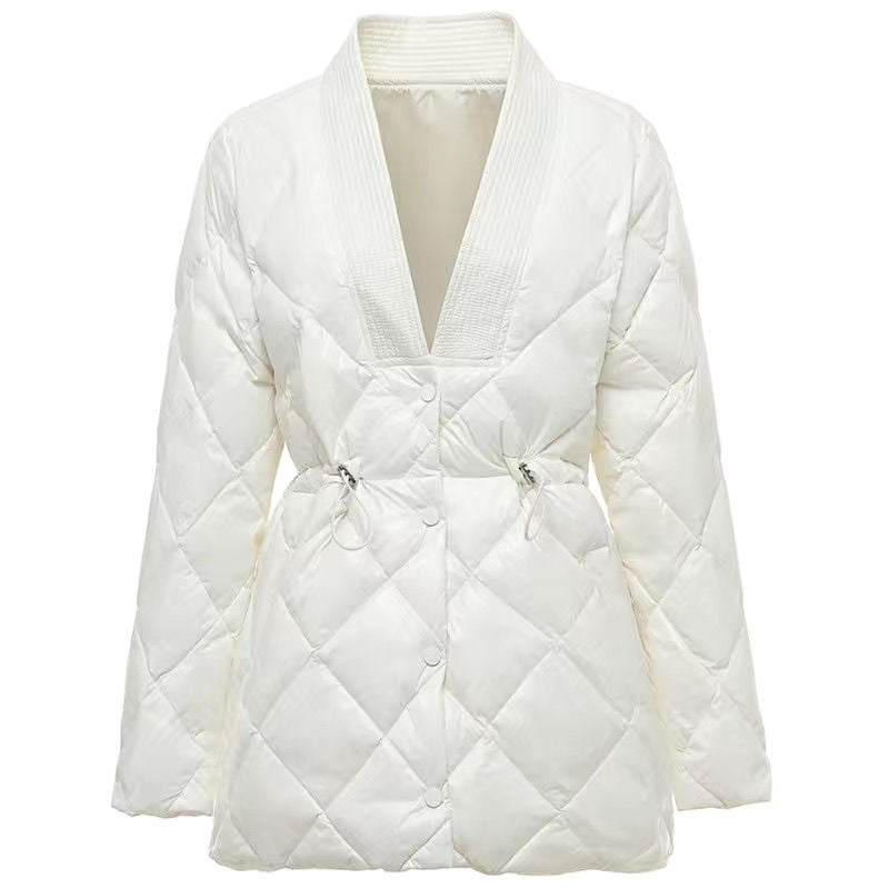 Rhombus Cotton-padded Women's Mid-length Large V-neck Jacket