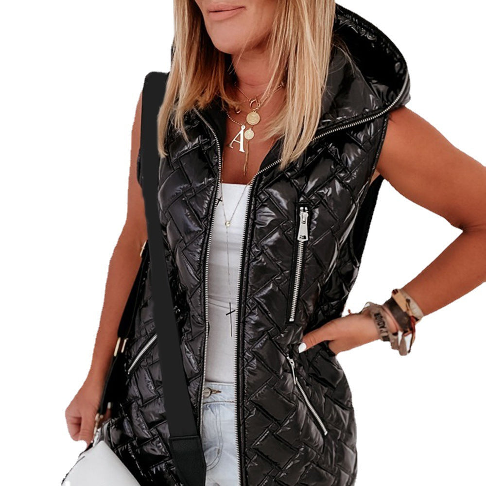 Women's Solid Color Hooded Sleeveless Pocket Zipper Vest