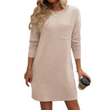 Women's Long Sleeve Striped Pocket Dress - Solid Color Casual Dress