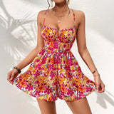 Summer Floral Lace-Up Back Mini Dress for Women