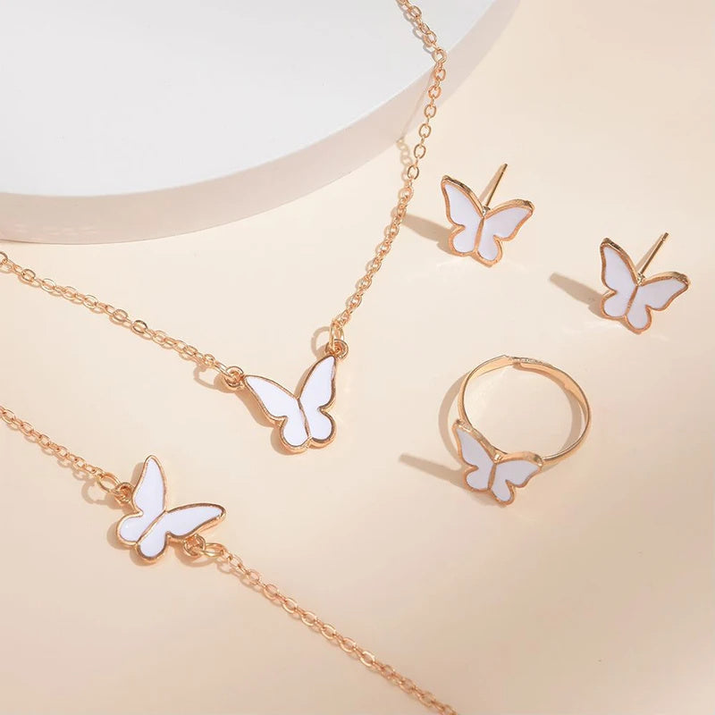 Butterfly Jewelry Set for Women - 5 Piece Necklace, Earrings, Ring, Bracelet - Minihomy