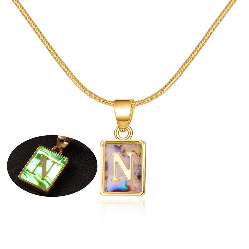 26 Letter Square Necklace Colorful Shell Luminous Pendant Chain Necklace For Women - Minihomy