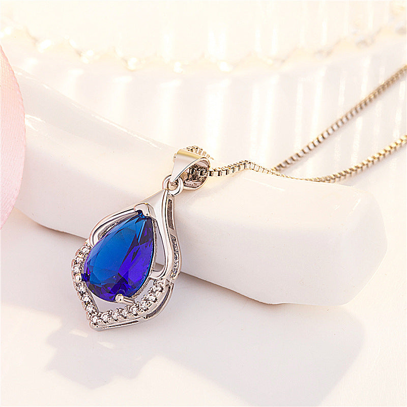 Style Colored Gems Water Drop Pendant Clavicle Chain