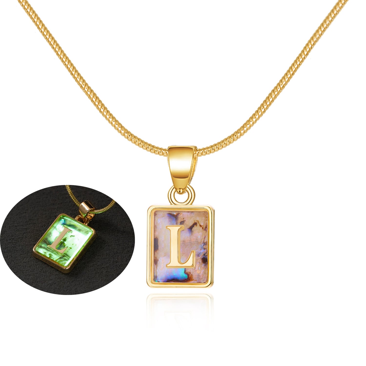 26 Letter Square Necklace Colorful Shell Luminous Pendant Chain Necklace For Women - Minihomy