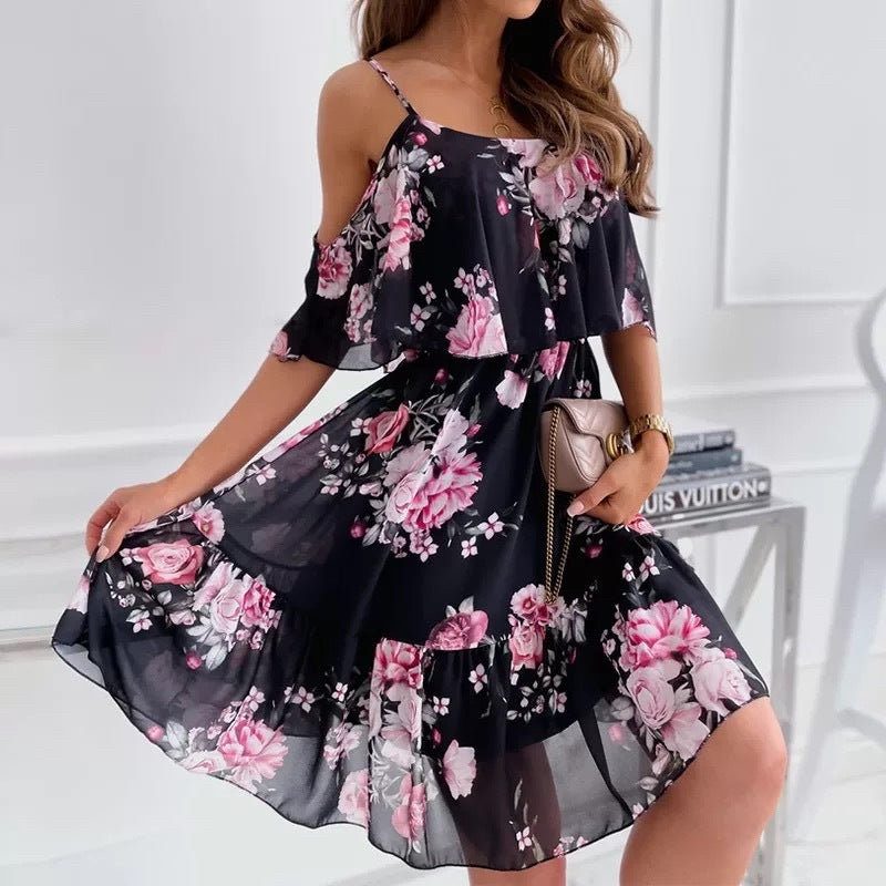 Women's Summer Floral Ruffled Off-the-Shoulder Suspender Dress