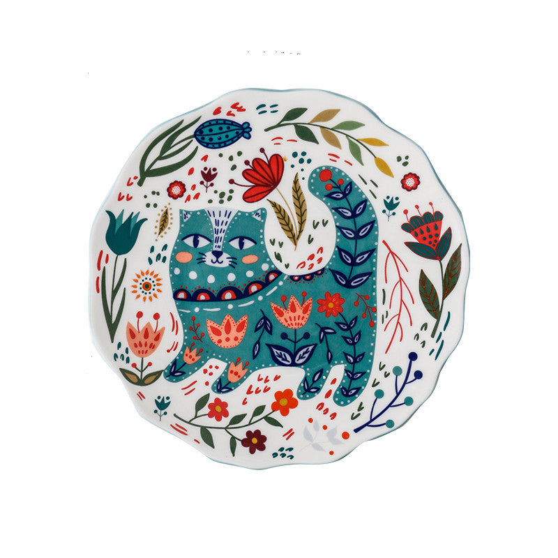 Cartoon Lucky Cat Round Plate Ceramic Color Dinner Plate Dish Plate Nordic Tableware - Minihomy