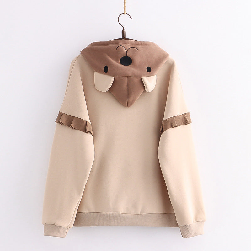 Hooded Bear Embroidery Plus Velvet Sweater Loose And Thin Coat Women - Minihomy