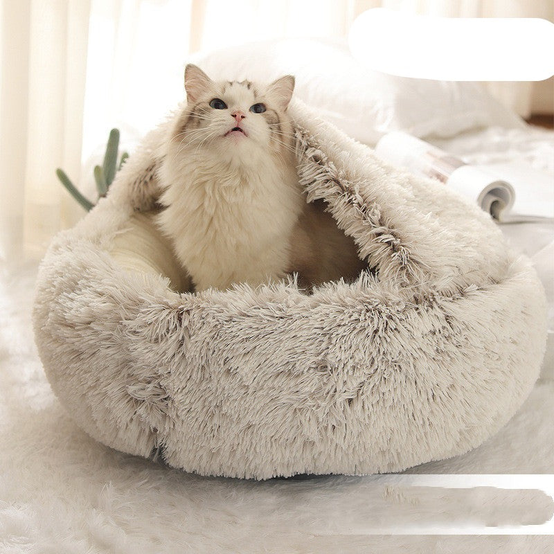 Pet Bed Round Plush Warm Bed House Soft Long Plush Bed  2 In 1 Bed - Minihomy