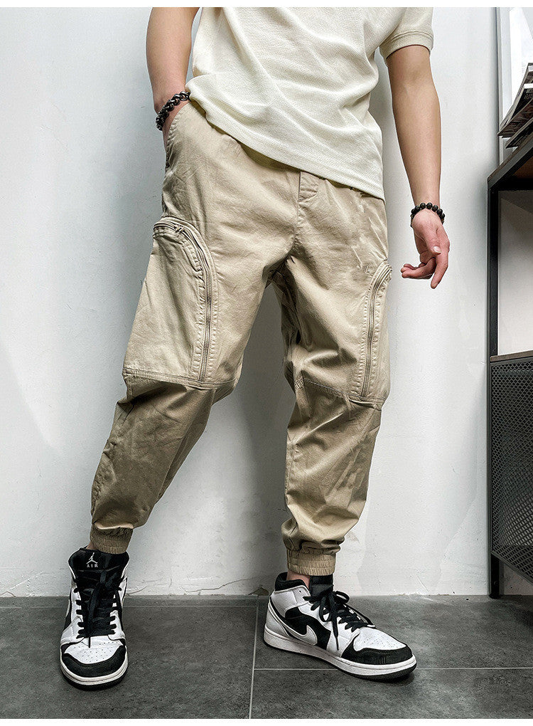 Men's Elastic Waist Zipper Big Pockets Drawstring Sports Cargo Pants - Minihomy