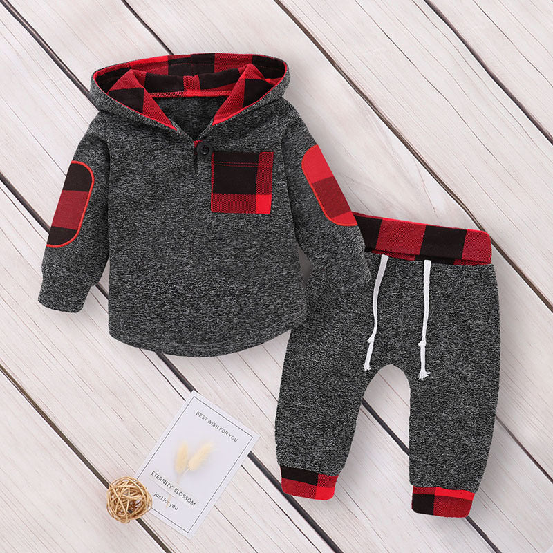 Multicolor Embroidery Plaid Plush Hoodie Suit