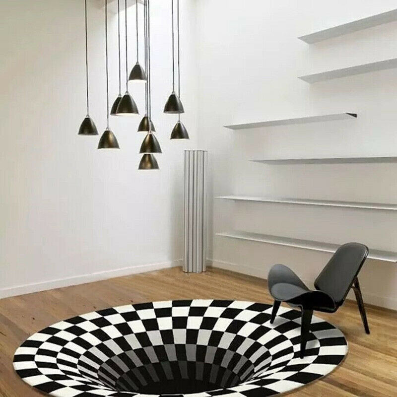 3D Vortex Carpet Black White Grid Bottomless Hole Illusion Anti-Slip Rug - Minihomy