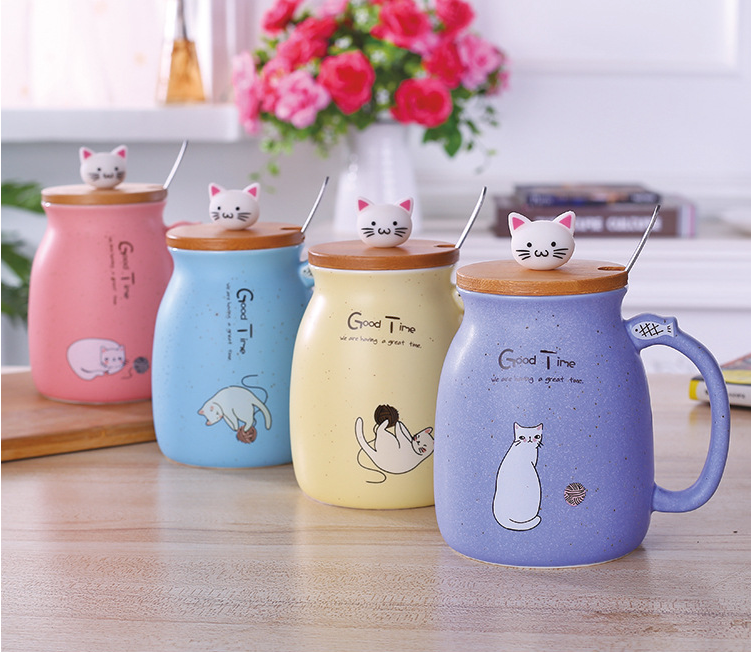 Cartoon Ceramics Cat Mug With Lid and Spoon Coffee Milk Tea Mugs - Minihomy