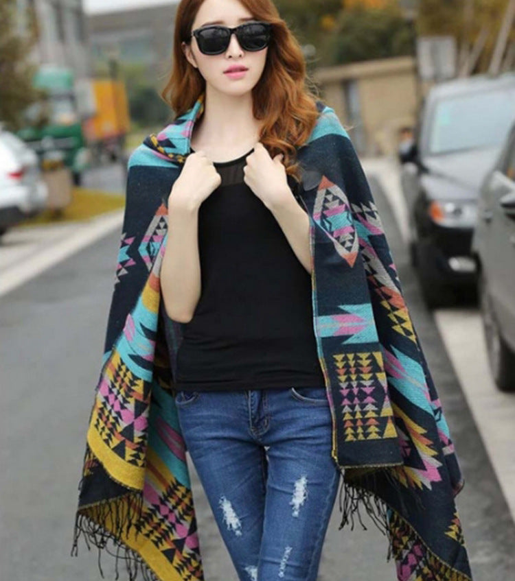 Retro national wind hooded cape shawl bohemian tourism horn buckle shawl