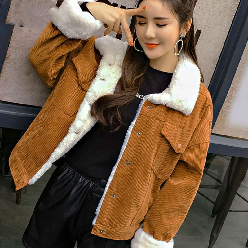 Corduroy lambskin padded jacket long