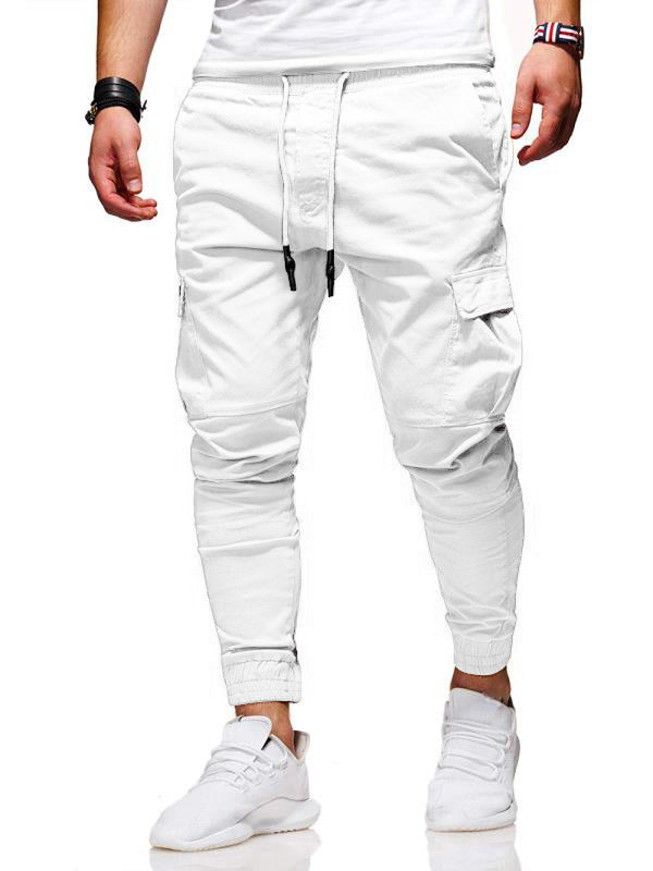 Casual Men Solid Color Multi Pocket Drawstring Ankle Tie Cargo Pants