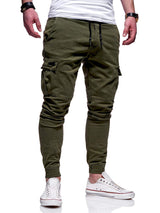 Casual Men Solid Color Multi Pocket Drawstring Ankle Tie Cargo Pants