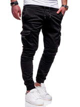 Casual Men Solid Color Multi Pocket Drawstring Ankle Tie Cargo Pants