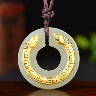 Ping An Buckle Gold Inlaid Double Dragon Jade Pendant - Minihomy