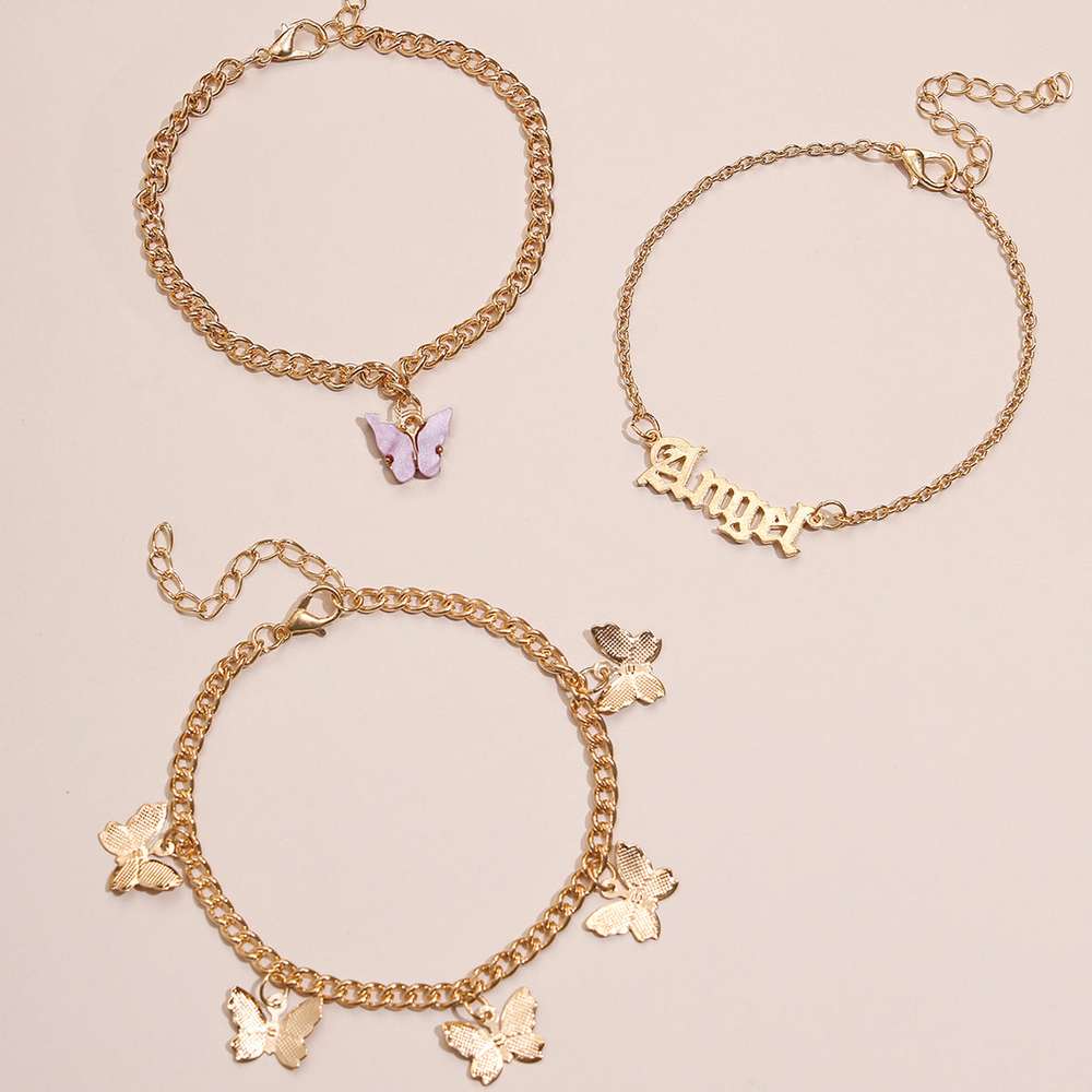 European and American Jane Flower Butterfly Tassel Anklet 3-Piece Set - Minihomy