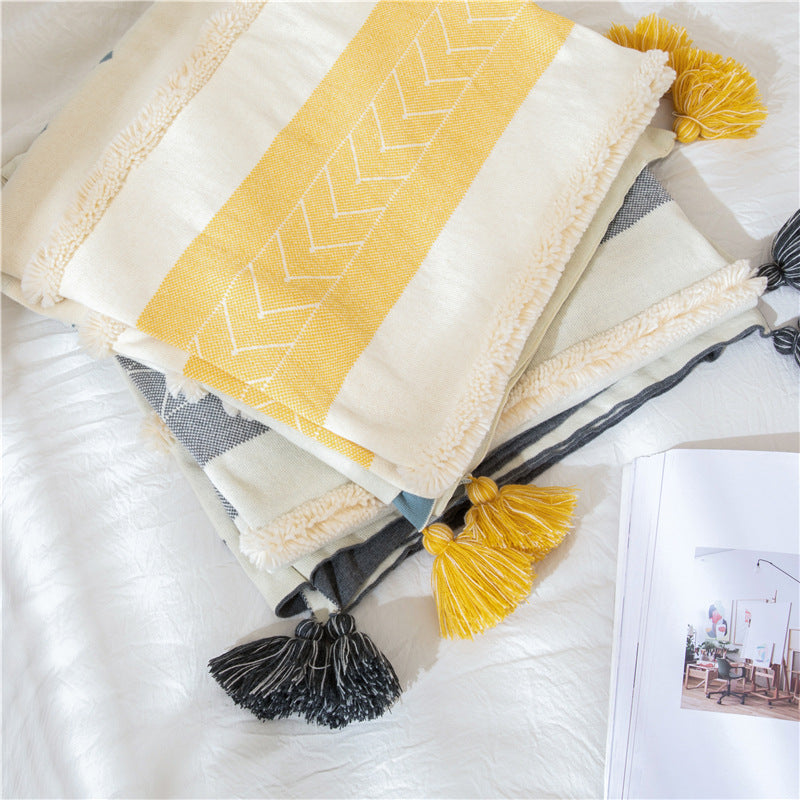 Pure Color Spring And Autumn Sofa Tassel Cotton Blanket