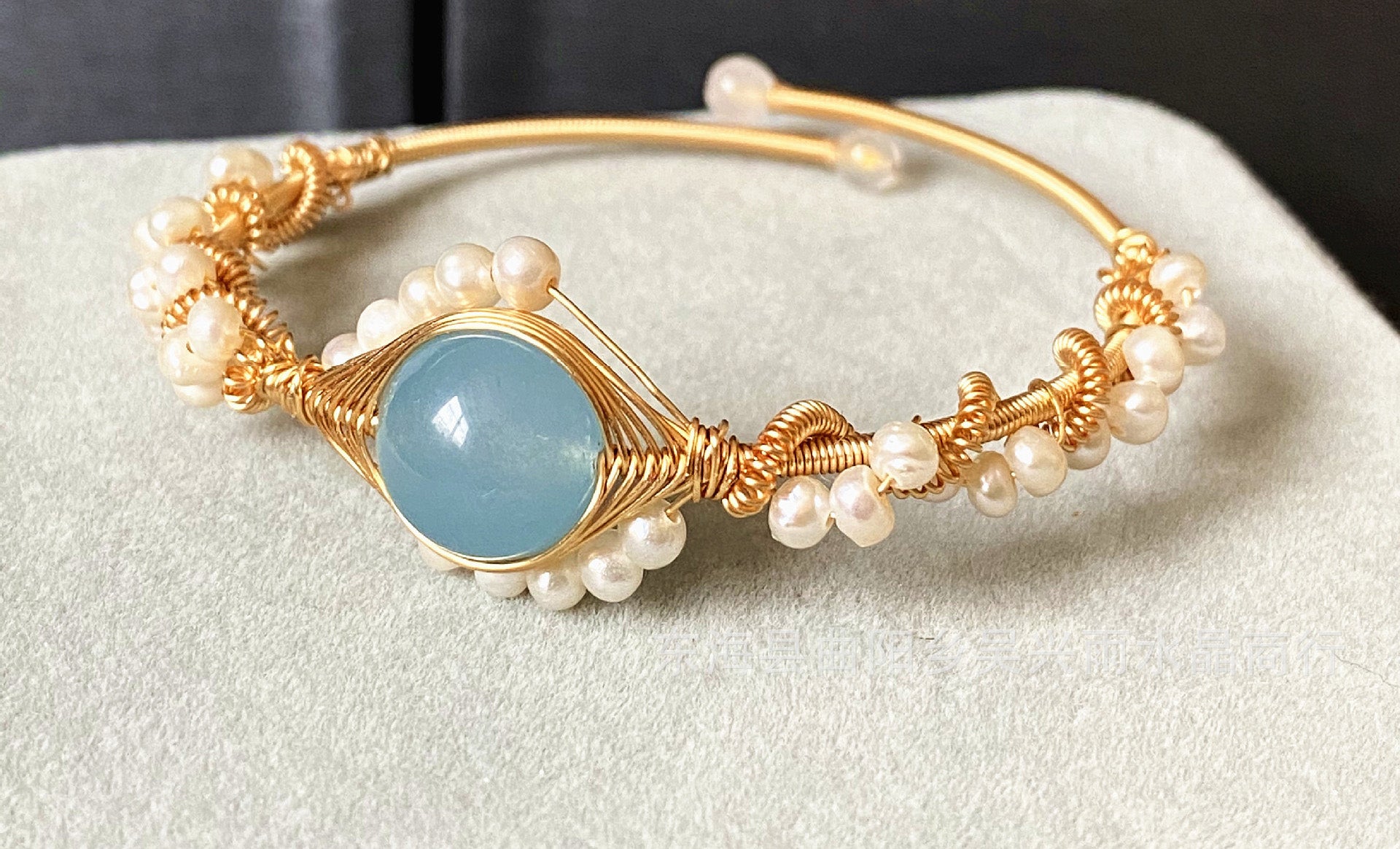 14K Gold Wrapped Handmade Bracelet Hailan Baohai Sapphire Natural White Pearl Bracelet