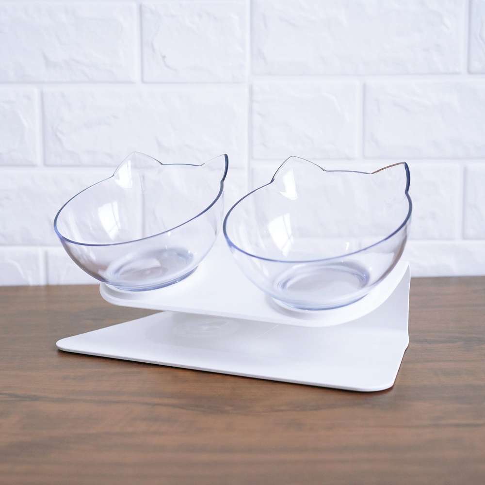 Cat Double Bowl Transparent Non-slip Food Water Bowl Pet Cat Bowls Dog Feeding Bowl - Minihomy