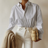 Womens White Lapel Long-Sleeved Shirt