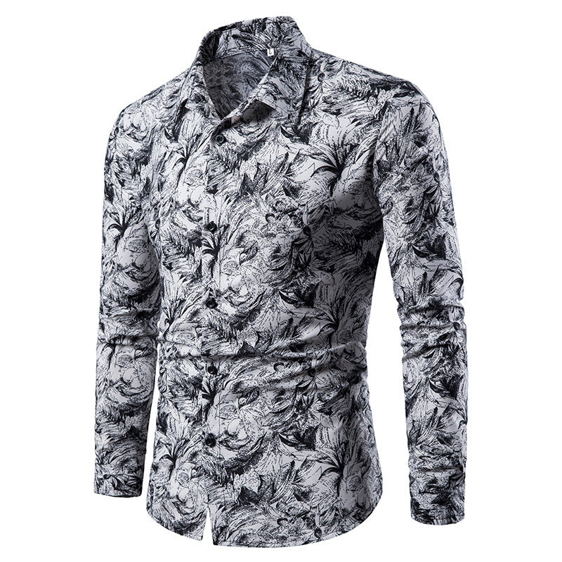 Mens Shirt Printed Casual Long Sleeved Shirt Slim Fit Male Social Dress Shirt For Men