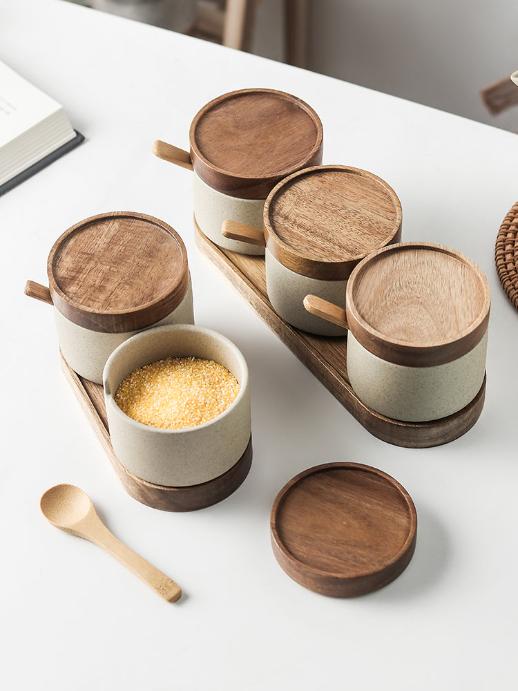 Kitchen Seasoning Pot Ceramic Three Piece Suit Simple Salt Pot Acacia Wood Tray With Cover - Minihomy