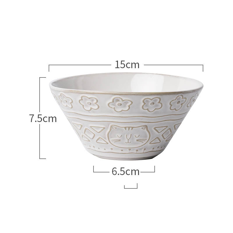 Retro White Glaze Cartoon Embossed Cat Ceramic Bowl